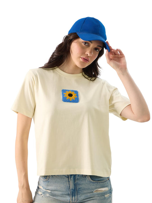 The Souled Store Follow The Sun Women and Girls Short Sleeve Round Neck Yellow Graphic Printed Cotton Regular Fit T-Shirts
