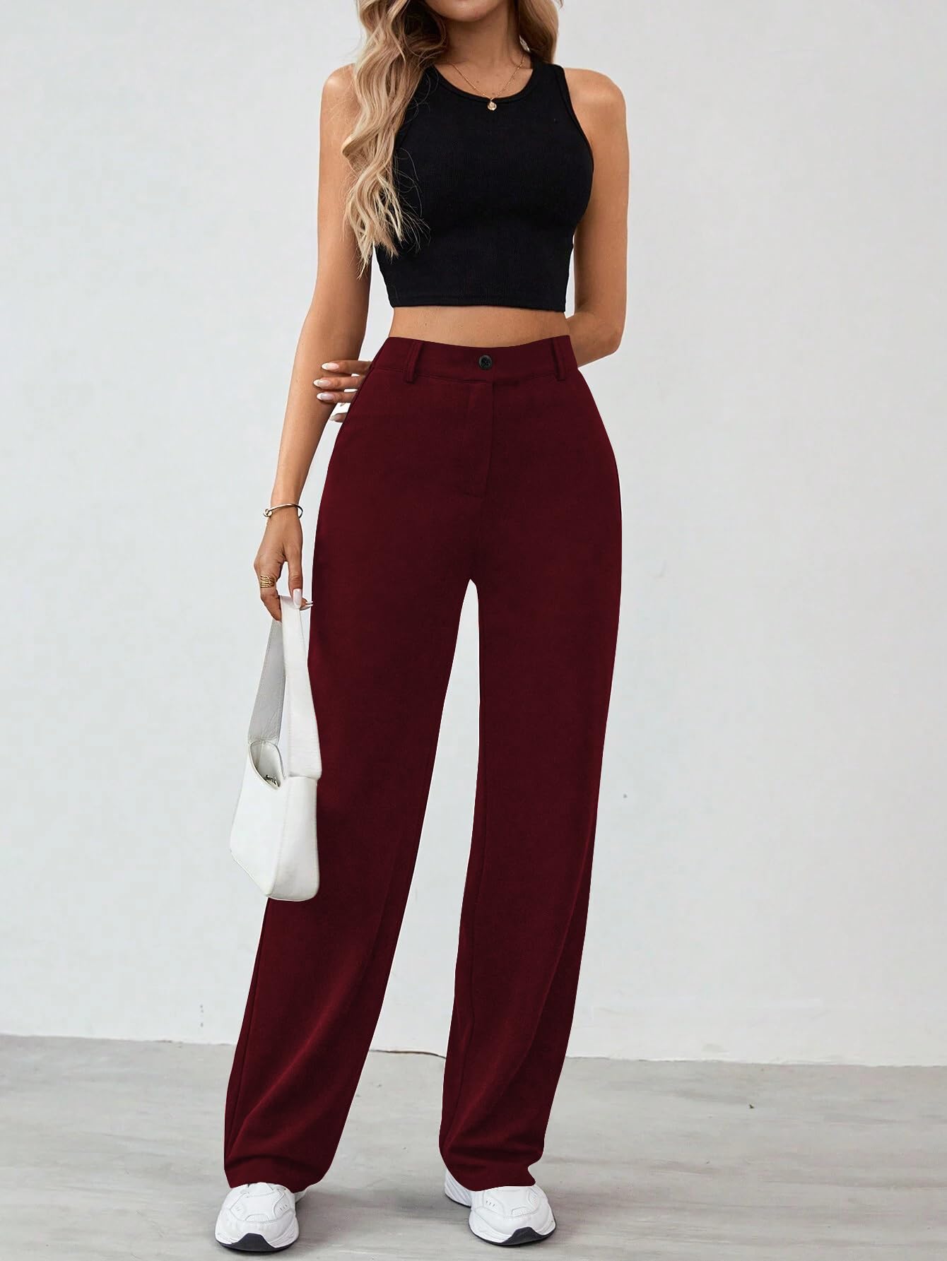Toochki Straight Pants Trousers for Women with High Waist, Formal Pant for Women Office Wear with Wide Waistband Wine