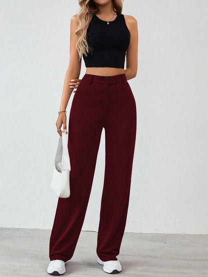 Toochki Straight Pants Trousers for Women with High Waist, Formal Pant for Women Office Wear with Wide Waistband Wine