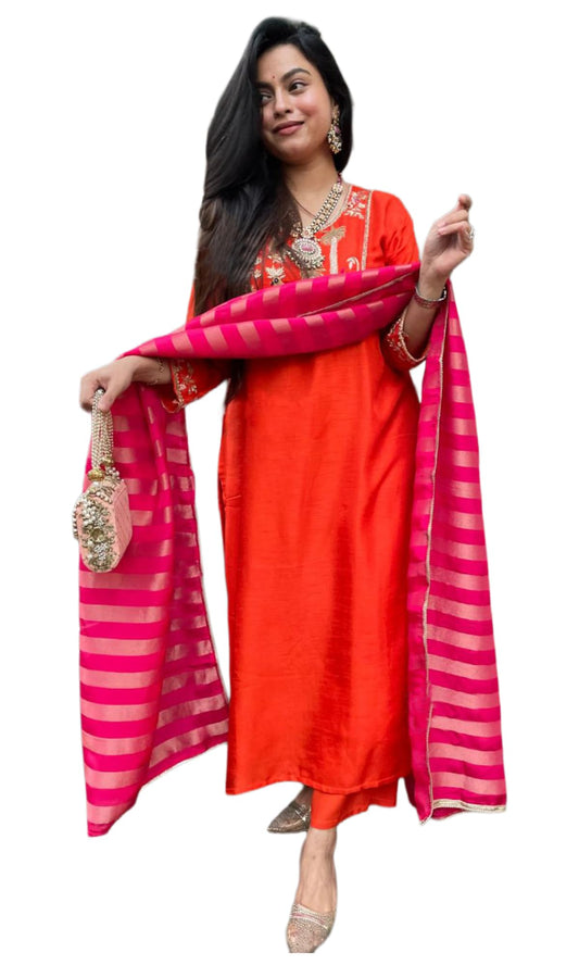 GoSriKi Womens Viscose Blend Embroidered Straight Kurta with Pant & Dupatta (Ghadir Orange-GS_XXL_Orange_XX-Large)