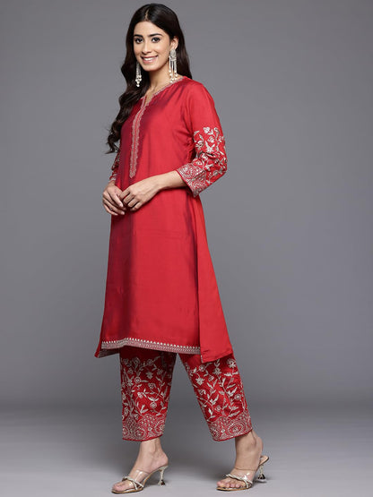 Varanga Women Red Zari Embroidered A-Line Kurta Paired With Tonal Salwar And Dupatta