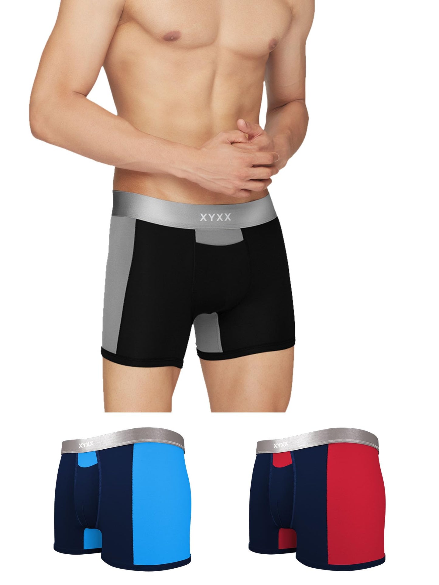 XYXX Mens Underwear Illuminati IntelliSoft Antimicrobial Micro Modal Trunk Pack of 3 (Black Iris & Tango Red ; Black & Steel Gr