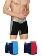XYXX Mens Underwear Illuminati IntelliSoft Antimicrobial Micro Modal Trunk Pack of 3 (Black Iris & Tango Red ; Black & Steel Gr