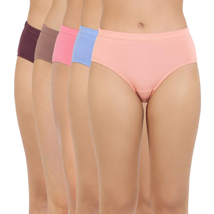 Zivame Womens Cotton Blend Classic Solid Hipster Panties (Pack of 5) (ZI28AS-Fig Nutmg CrAlm Rprose Prsnjwl_Fig