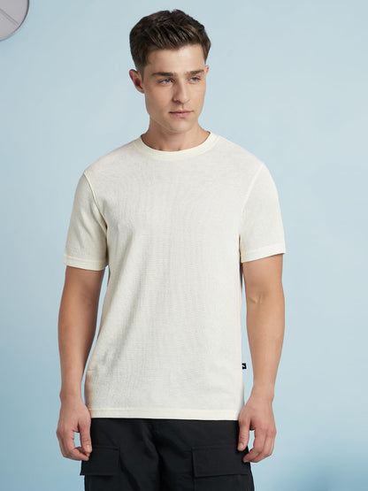Dennis Lingo Men Cotton Blend Regular-Fit Solid Textured T-Shirts Off White