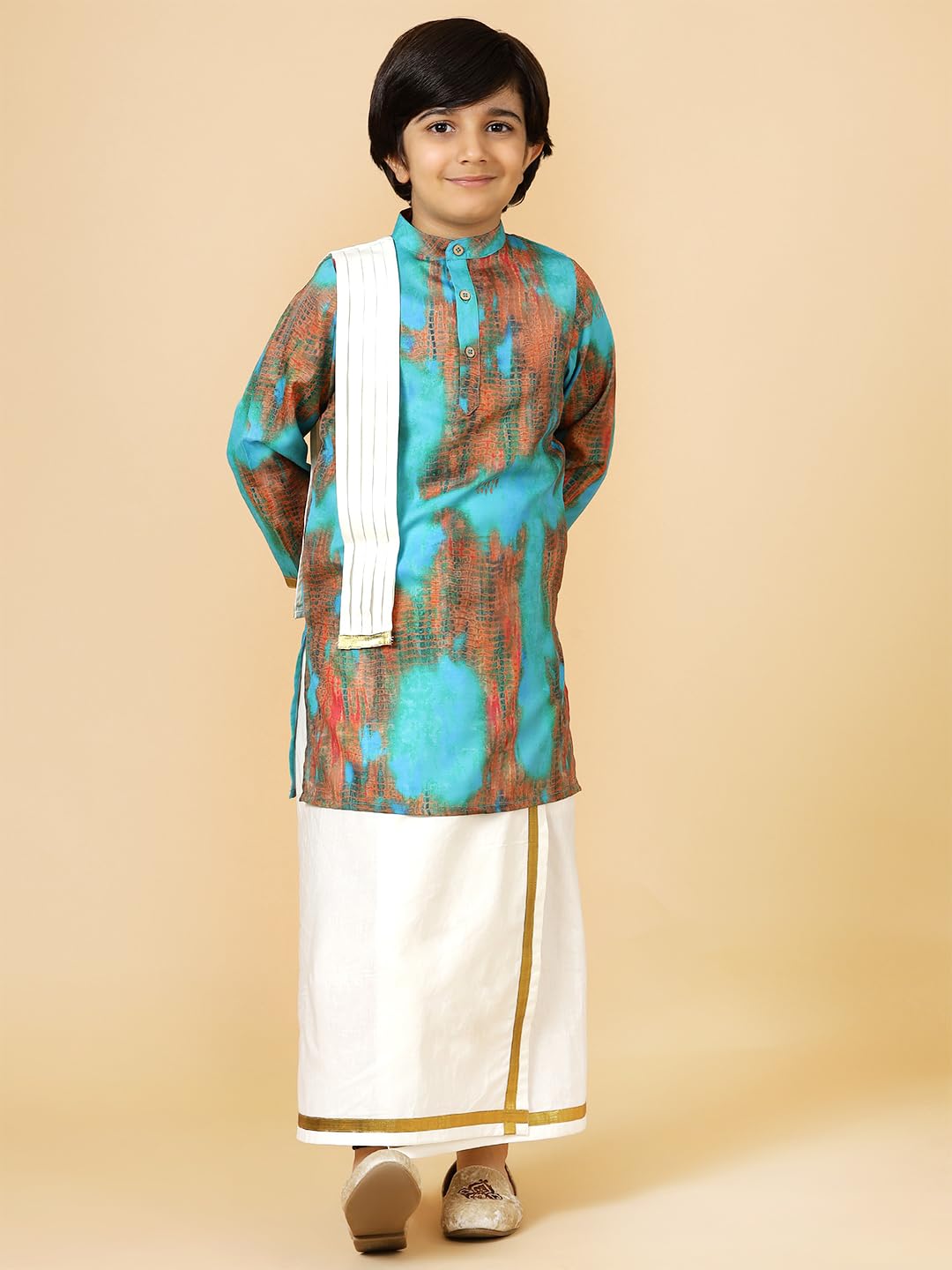 A.T.U.N. (ALL THINGS UBER NICE) Boys Blue Printed Kurta with Elasticated Mundu with Underneath Shorts Set