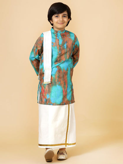 A.T.U.N. (ALL THINGS UBER NICE) Boys Blue Printed Kurta with Elasticated Mundu with Underneath Shorts Set