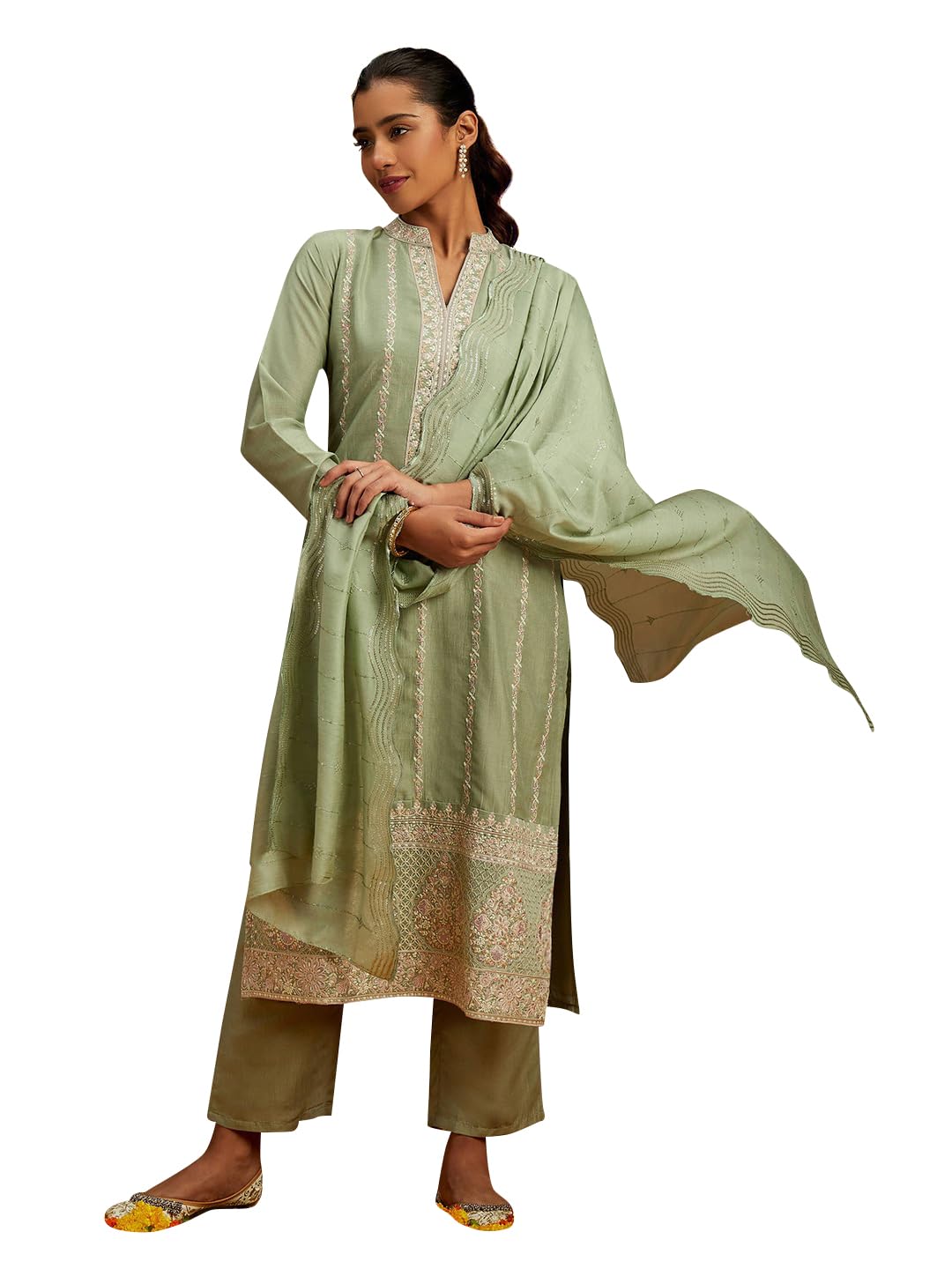 Libas Womens Embroidered Silk Straight Kurta With Trousers And Dupatta