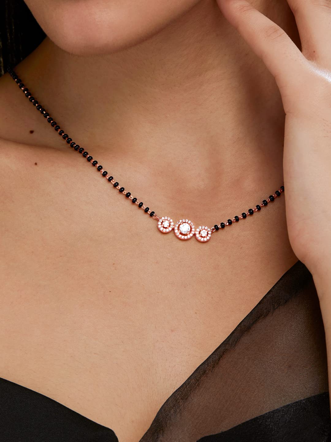 MINUTIAE Stylish Three Stone Pendant Necklace Black Beads Mangalsutra For Women With Extendable Chain (Rose Gold)