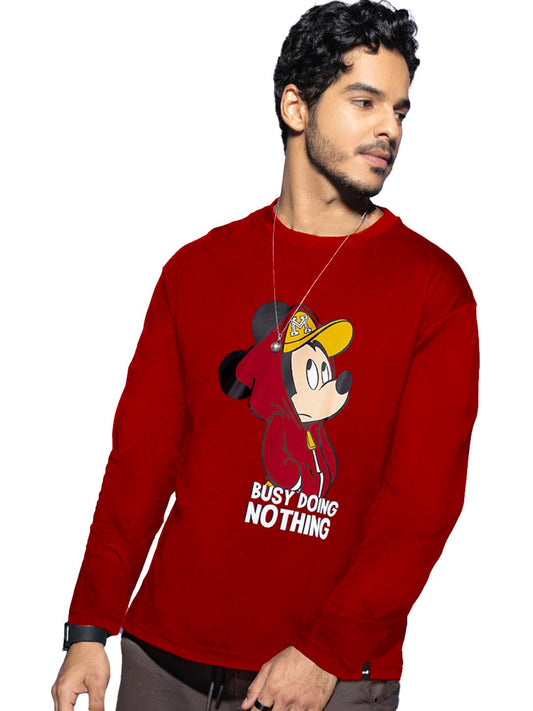 Bewakoof Mens Mickey Graphic Printed 100% Cotton T-Shirt - Regular Fit, Round Neck, Full Sleeves Red
