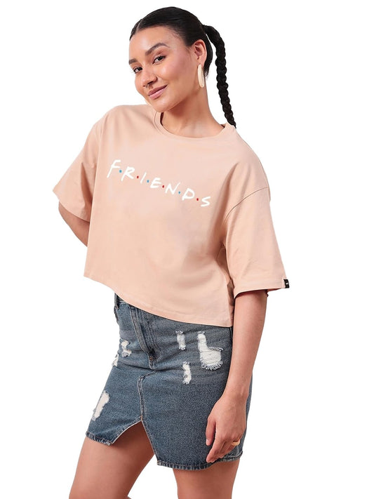 Bewakoof Official Friends Merchandise Womens Graphic Printed Regular Fit Half Sleeve Round Neck Cotton Jersey Short Top_ 624490