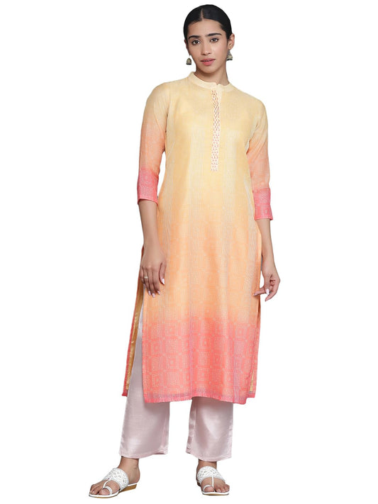 Libas Yellow Printed Chanderi Silk Straight Kurta