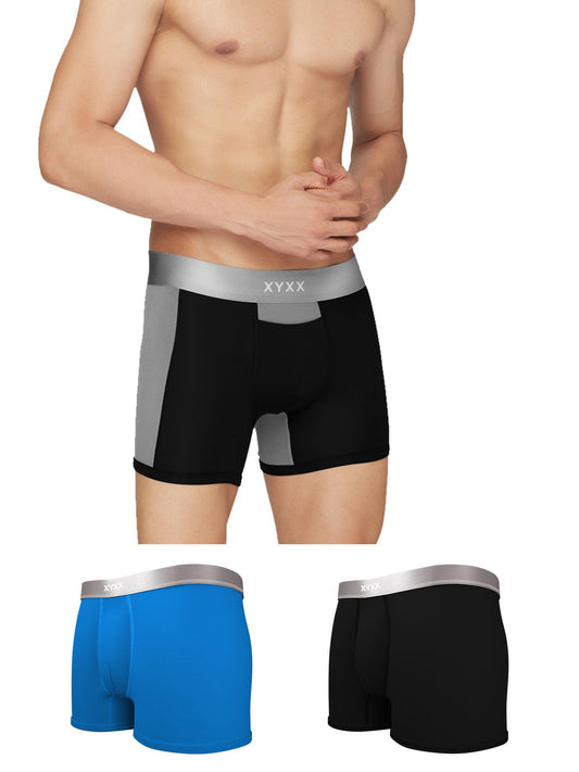 XYXX Mens Underwear Illuminati IntelliSoft Antimicrobial Micro Modal Trunk Pack of 3 (Black; Brilliant Blue ; Black & Steel Gre