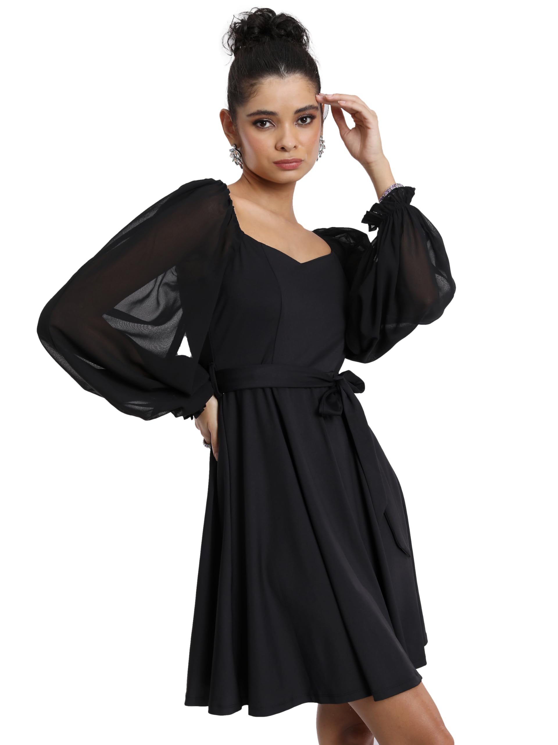 Ketch Women'S Cotton Blend Fit And Flare Dress With Sheer Sleeves Above The Knee Khj6000333_Black