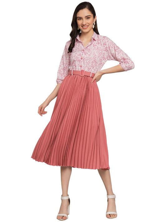 Kzully WomenS Print 3/4 Sleeve Pleated Midi Dress With Belt Peach