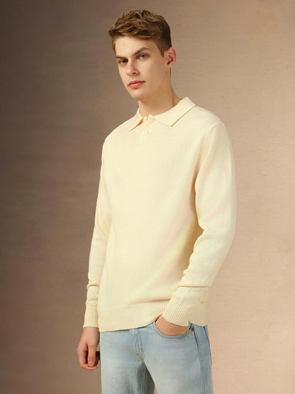 Dennis Lingo Men Off White Solid Slim Fit Full Sleeve Polo Pullover