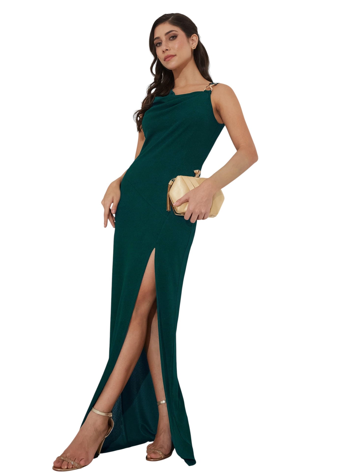 Miss Chase WomenS Asymmetric Cowl Sleeveless Bodycon Maxi Polyester Dress (Mcss25D16-84-168-06, Bottle Green, Xl)
