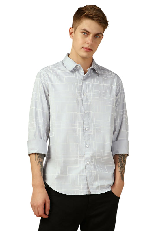 Dennis Lingo MenS Grey Full Sleeve Spread Collar Printed Regular Fit Casual Shirt