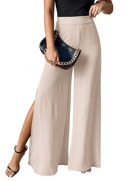 Greciilooks WomenS High Waist Wide Leg Slit Pants, Elegant Poly Lycra Blend Palazzo Trousers, Dressy Flowy Evening Bottoms (Gl-