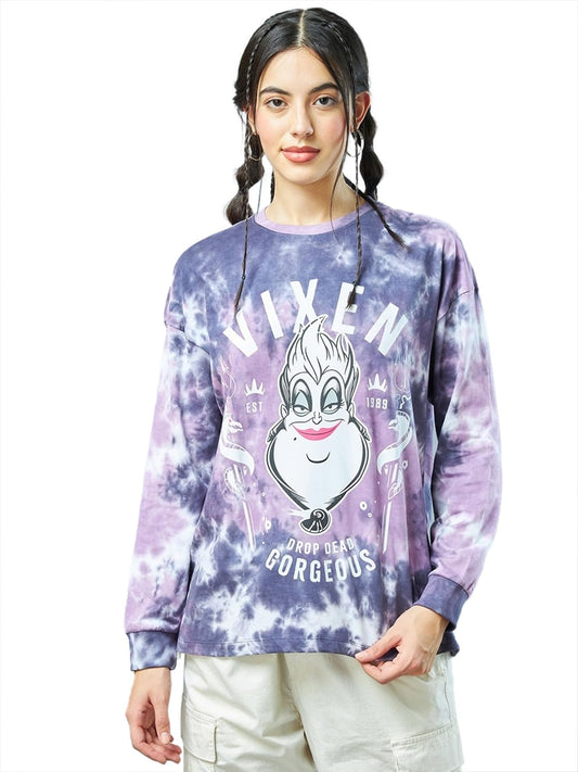 Bewakoof Official Disney Merchandise Womens Tie & Dye Oversized Fit Full Sleeve Round Neck Cotton Jersey T-Shirt_ 615080 White 