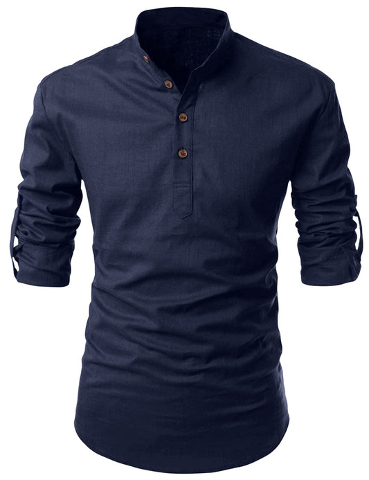 Zombom MenS Solid Cotton Blend Casual Regular Fit Mandarin/Chinese Collor Full Sleeve Kurta Shirt For Men Navy Blue