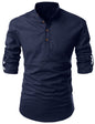 Zombom MenS Solid Cotton Blend Casual Regular Fit Mandarin/Chinese Collor Full Sleeve Kurta Shirt For Men Navy Blue