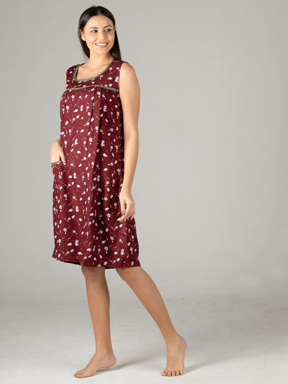 Evolove WomenS Viscose Liva Knee Length Short Night Gown Nighty Dress With Pocket, Super Soft Comfortable (Maroon White & Grey,