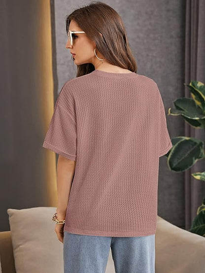 Trillmixa WomanS Half Sleeve Round-Neck T-Shirt: Stylish, Casual Waffle Cotton Fabric, Comfortable, Stretchable, Breathable, Ov