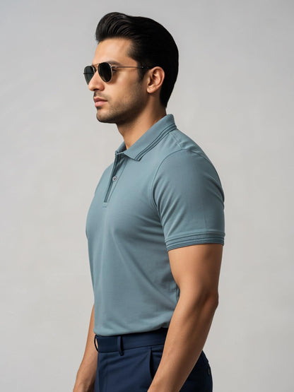 Mens Premium Cotton Polo T-Shirt | 220 GSM Soft Fabric | Casual Stylish Look | Contrast Collar Design Shadow Blue Polo T Shirt |