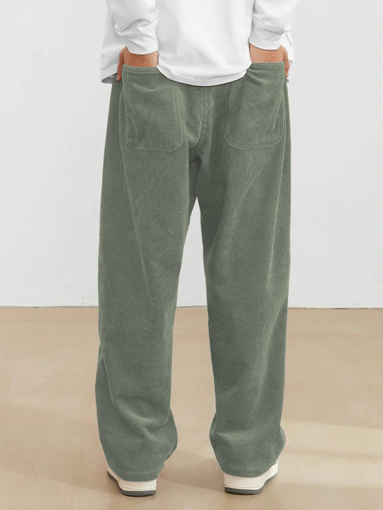 AVANOVA Mens Olive Front Tie Loose Fit Corduroy Baggy Long Slacks Chino Pants with Slant Pocket Simple Casual Trousers, Going O
