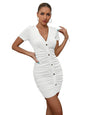 Sugathari White Casual Ruched Bodycon Ribbed Sexy V Neck Button Down Stretchy Fitted Cocktail Party Club Mini Dresses (Midi 122