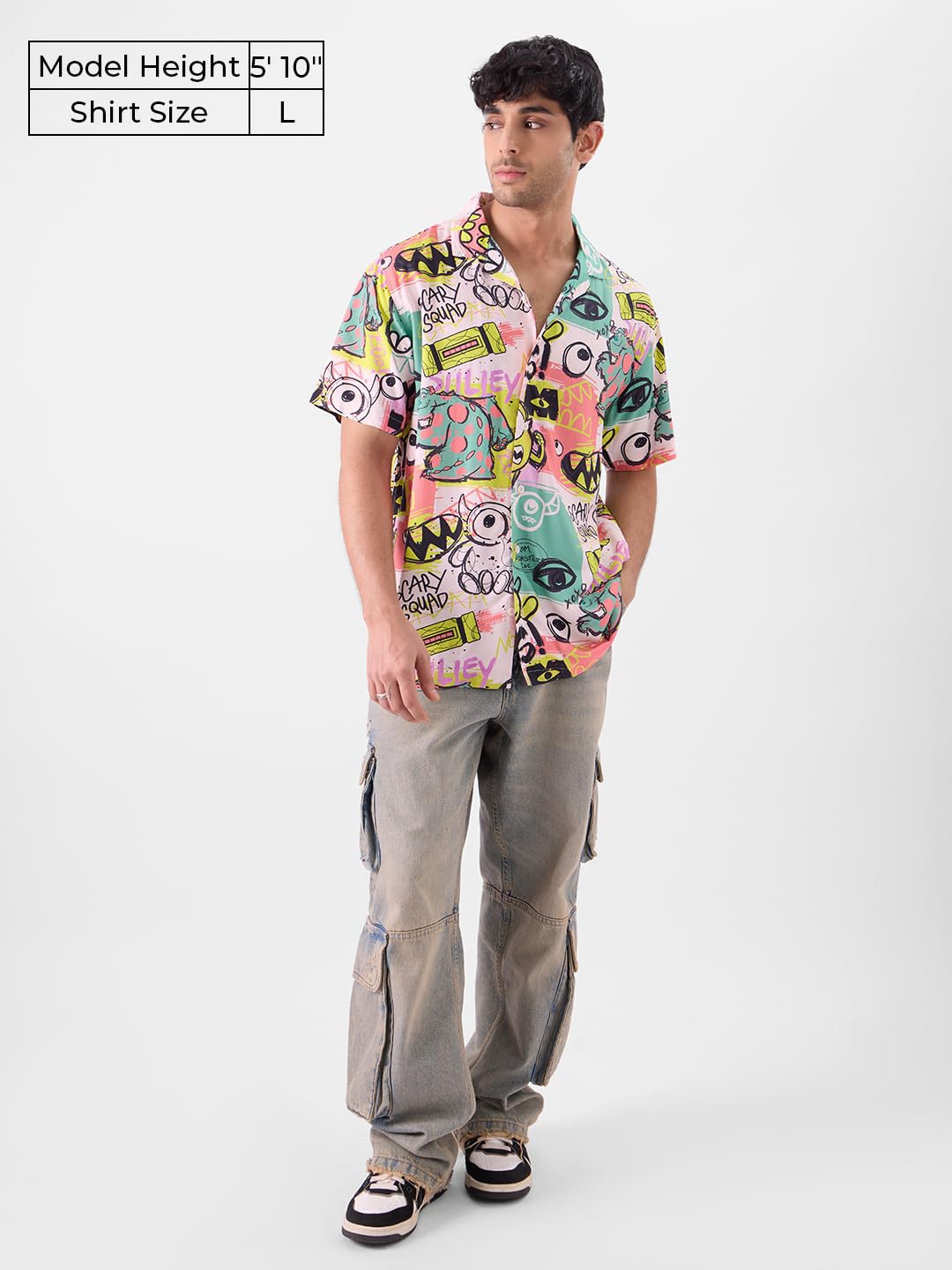 The Souled Store Monsters Inc: Yikes Men and Boys Short Sleeves Collared Neck Button Front All Over Printed Rayon Holiday Shirts