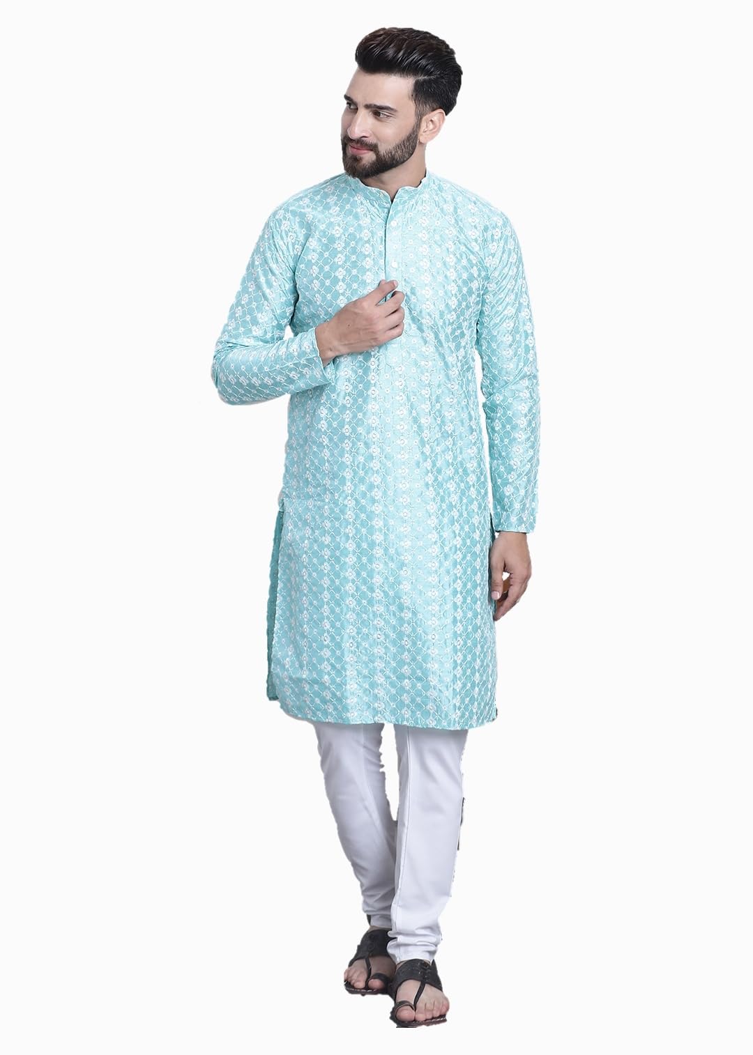 SOJANYA (Since 1958 Men's Silk Blend Blue Embroidered Kurta & White Churidar Pyjama Set