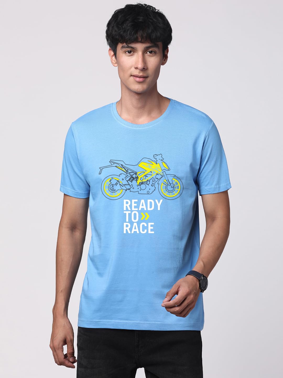 ADRO Men's Biker Design Printed 100% Cotton T-Shirt - Regular Fit, Printed T-Shirts for Men (RN24-KTM-SK_Sky Blue)