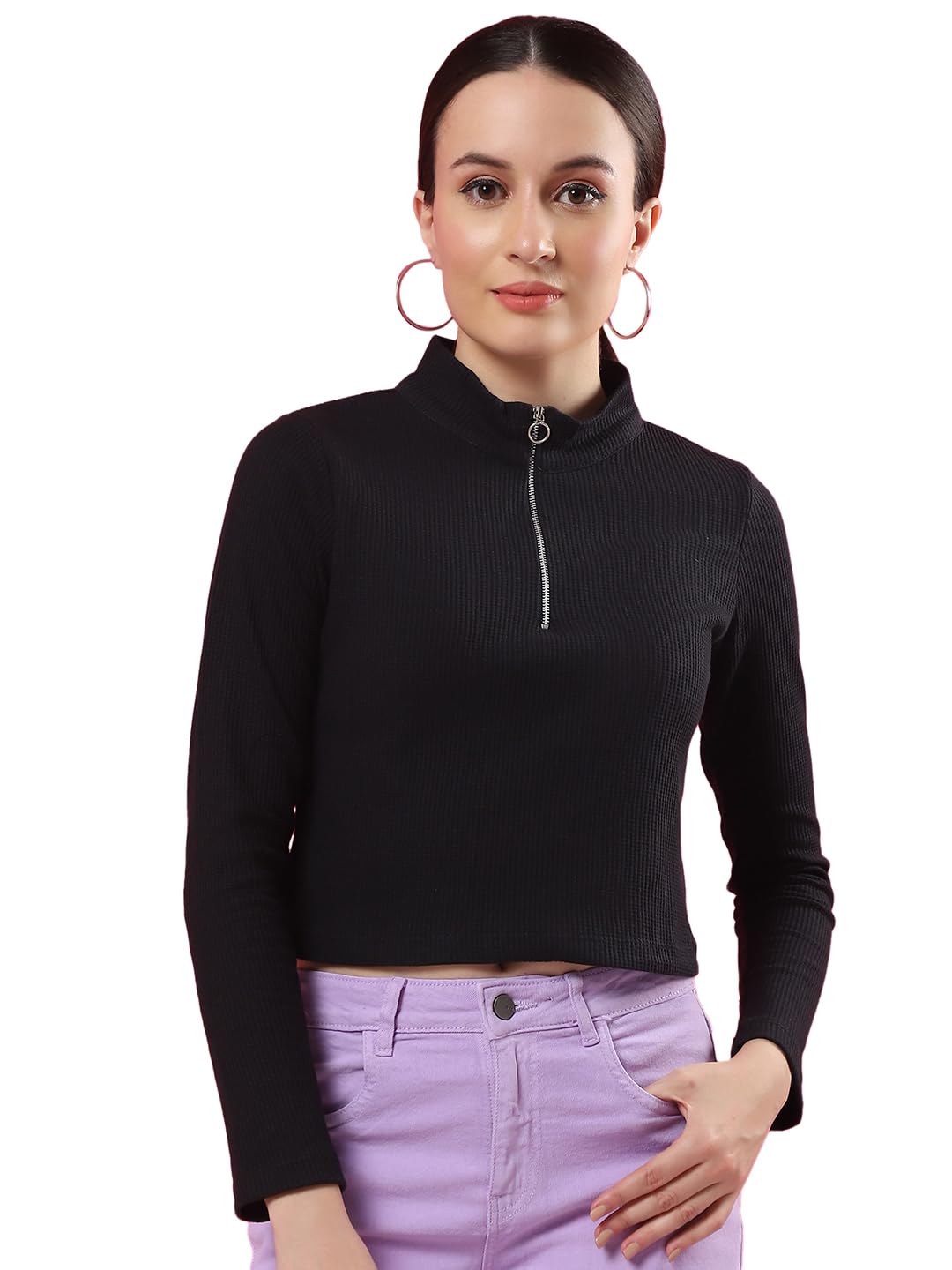 Rigo Waffle Knit Top for Women | High Collar Zipper Top for Women | Long Sleeves, Western Crop Tops for Women | Stylish Top for