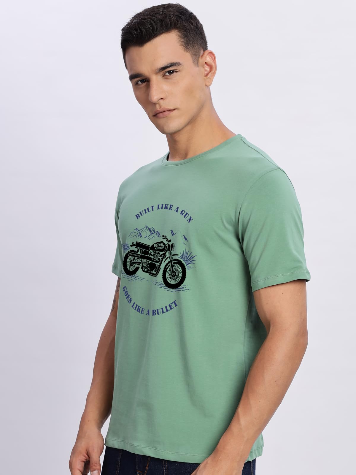 ADRO Men's Royal Bike Design Printed 100% Cotton T-Shirt - Regular Fit, Printed T-Shirts for Men (RN24-RYL-PT_Pista)