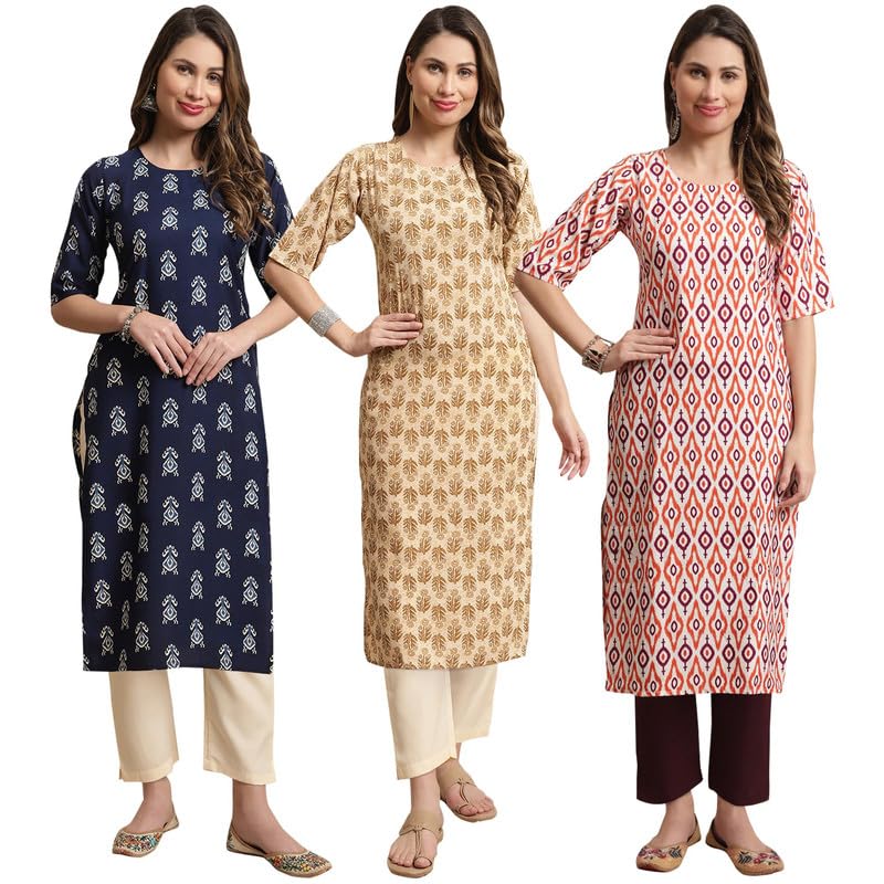 Pinkmint Straight Crepe Kurta & Pant For Women Ethnic Kurta Set For Women (Pack Of 3)