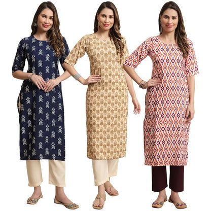Pinkmint Straight Crepe Kurta & Pant For Women Ethnic Kurta Set For Women (Pack Of 3)