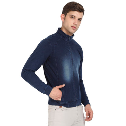 Campus Sutra Mens Navy Blue Zip-Front Dark-Wash Denim Jacket For Casual Wear | High Neck | Long Sleeve | Zipper Closure | Cotto