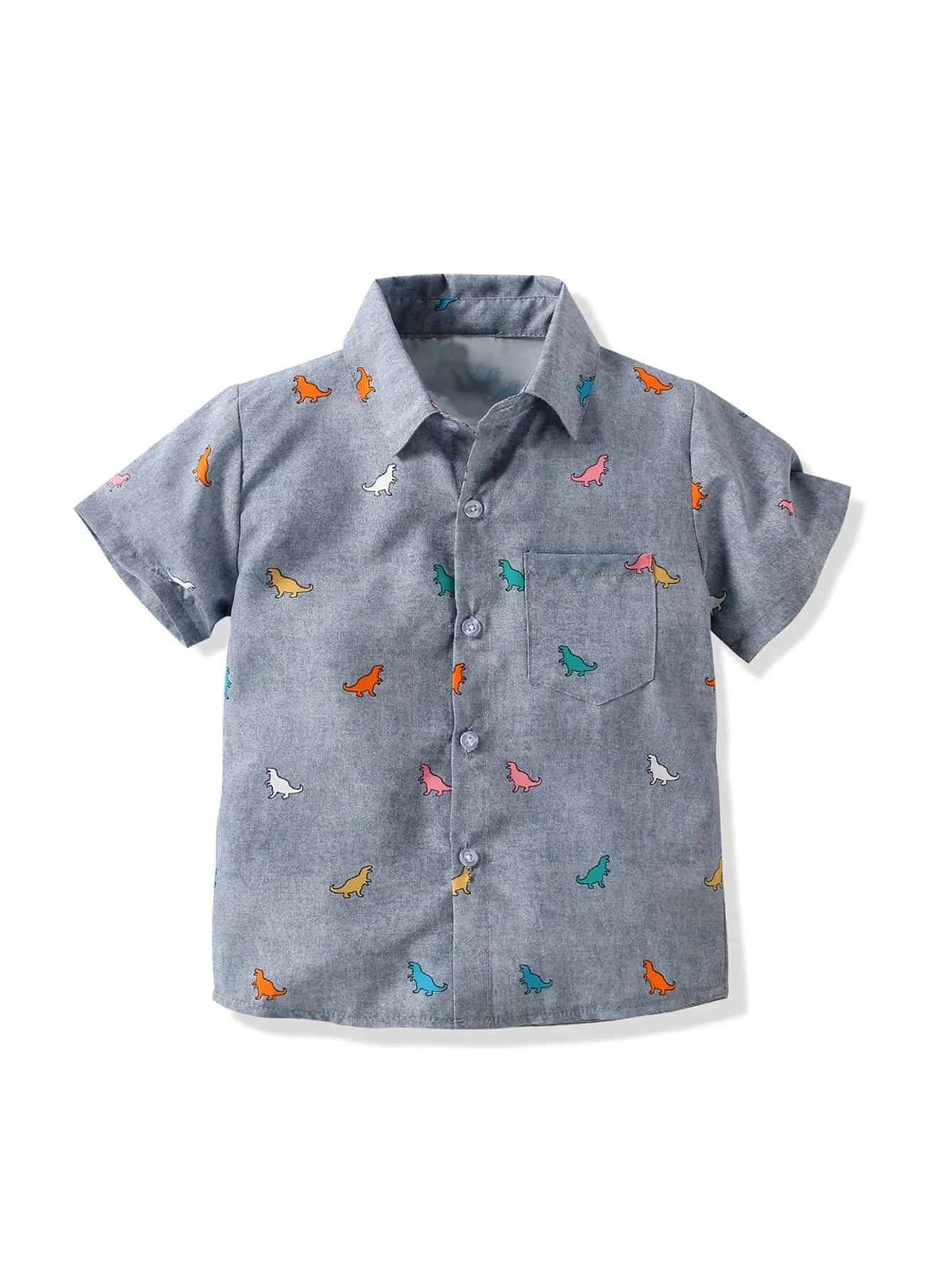 TAGAS Boys Cartoon Graphic Patched Pocket Casual Shirt | Fancy Shirt | Party Shirt for Boys and Kids Grey