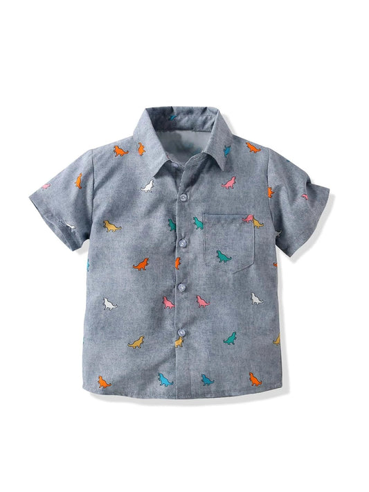 TAGAS Boys Cartoon Graphic Patched Pocket Casual Shirt | Fancy Shirt | Party Shirt for Boys and Kids Grey