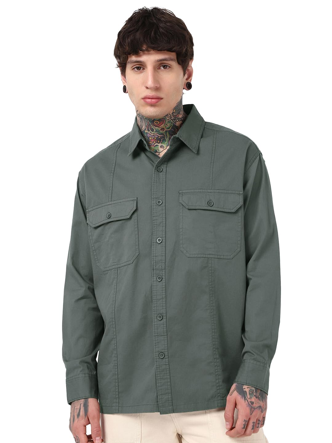 Bewakoof MenS Solid Oversized Fit Full Sleeve Collar Cotton Shirt_662095_Grey_Xl