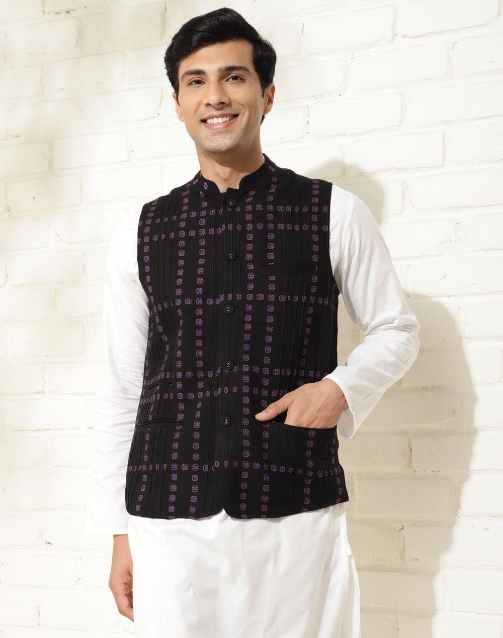 Fabindia Black Cotton Printed Jacket Nehru
