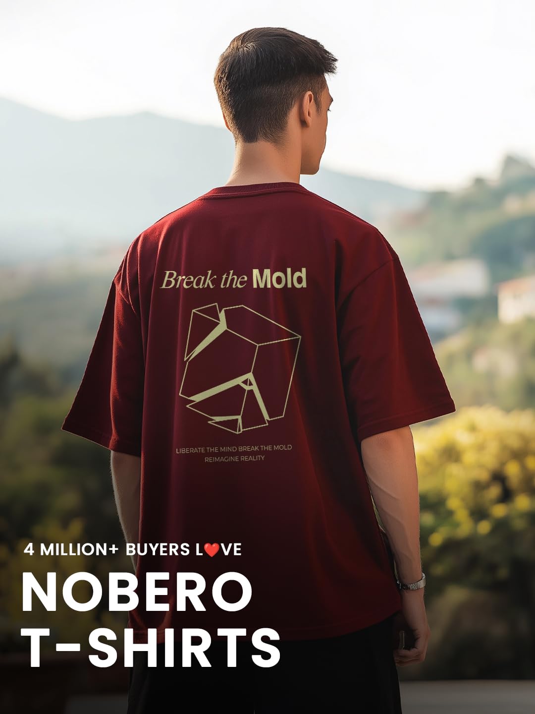 Nobero MenS Graphic Print Oversized Fit T-Shirt (1M-Twrt-C1005-Bs_Break The Mold-Wine Red