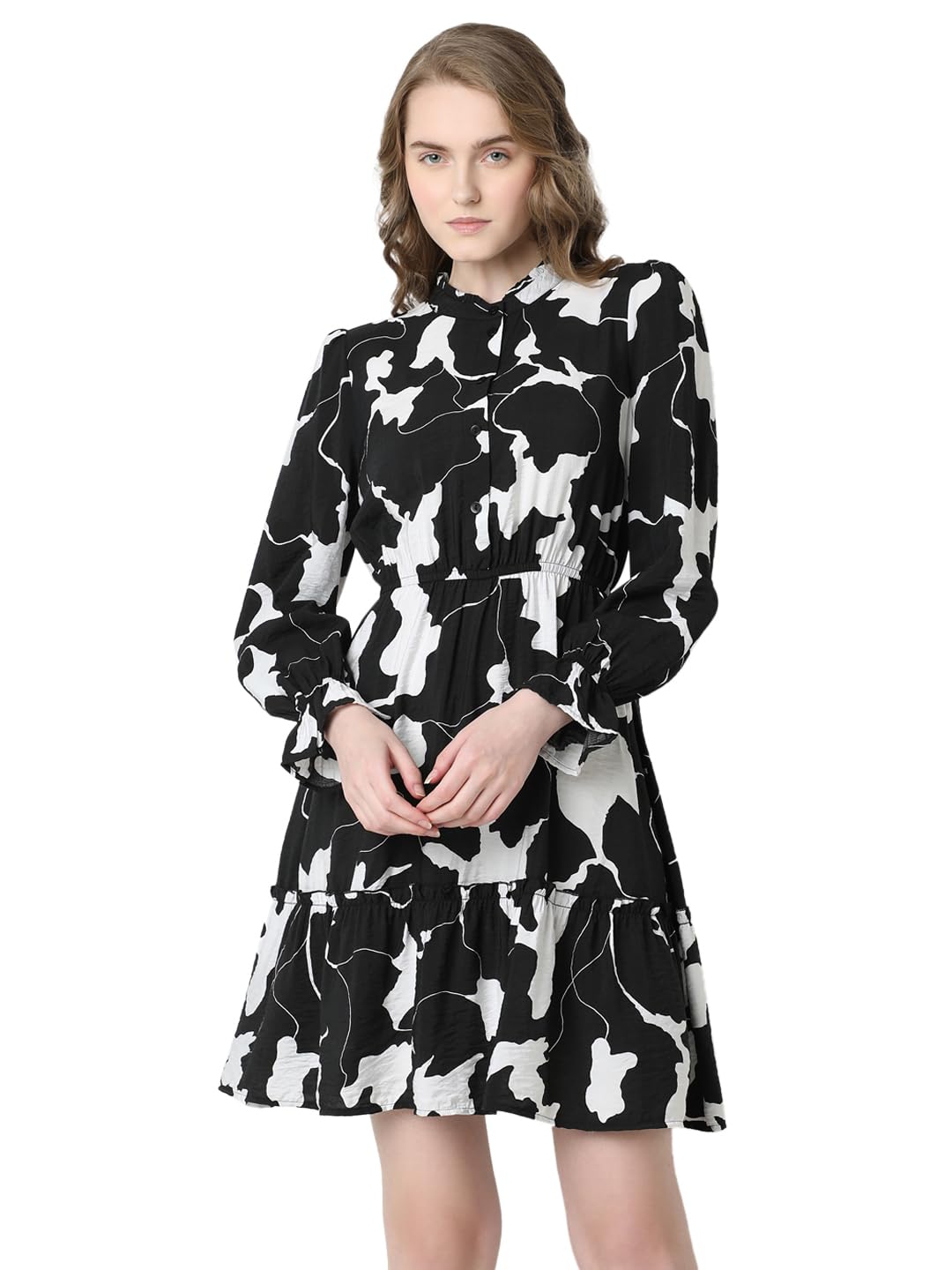 Vero Moda Women Abstract Print Black Viscose Above Knee Length Fit And Flare Dress