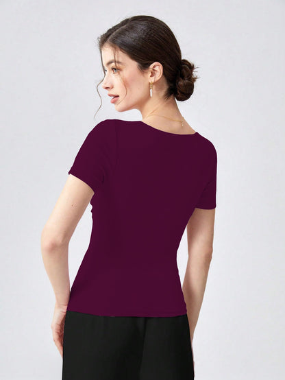 Shasmi Womens & Girls Magenta Womens Summer Square Neck Solid Color Ruched Tee Workwear Pleated Casual t-Shirt for Women (Top