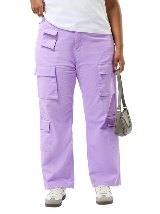 Bewakoof Womens Solid Oversized Fit Cotton Elastane Plus Size Cargo Pants_628267_Purple_42