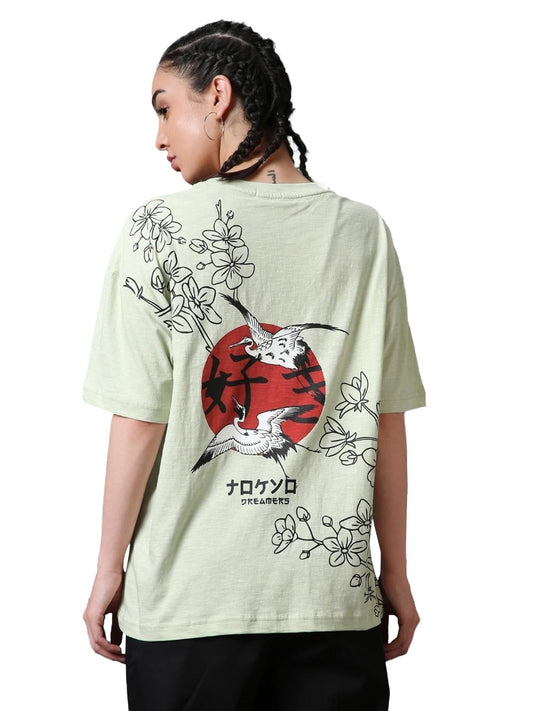 Bewakoof Air 1.0 Womens Graphic Printed Oversized Fit Half Sleeve Round Neck Cotton T-Shirt_ 584518 Green M