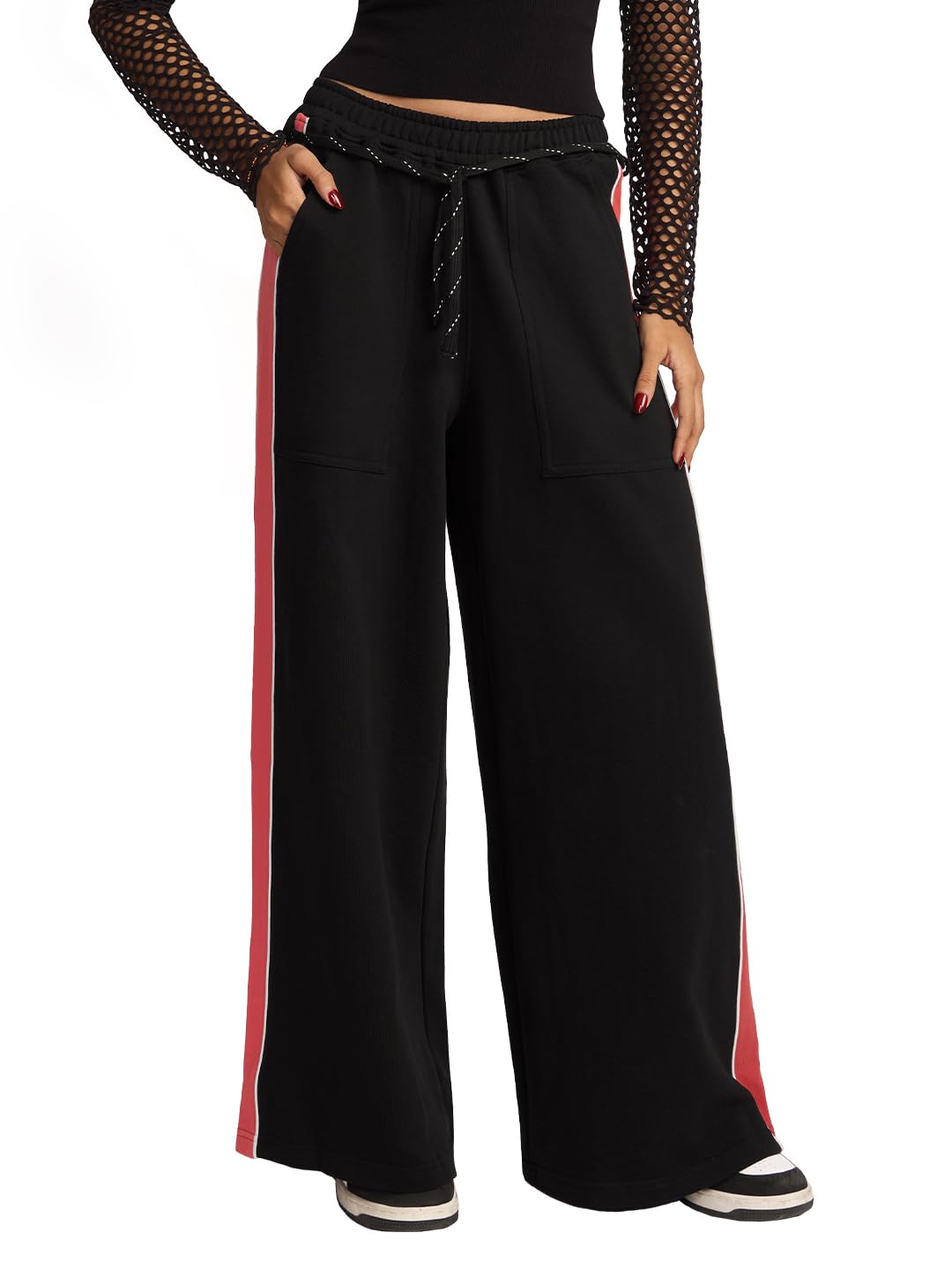 The Souled Store Solids : Onyx Black Women and Girls Pull On Cotton Baggy Fit Flared Joggers