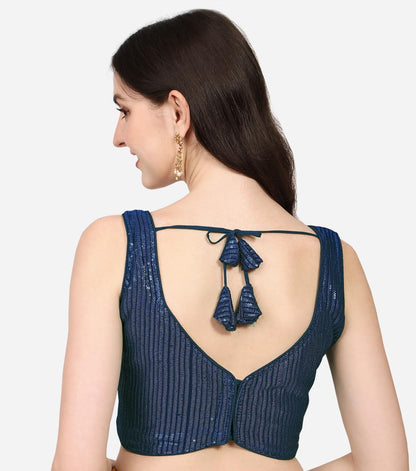 Vihu Fashion WomenS Multicolor Sweetheart Neck Georgette Line Soft Sequence Zari Work Sleeves Readymade Saree Blouse (Navy Blue